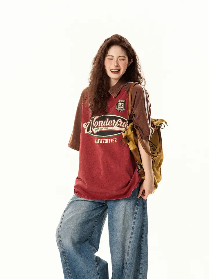 半袖Tシャツ レディース ポロカラー ヴィンテージ プレッピースタイル 着回し おしゃれ オーバーサイズ ペア 夏