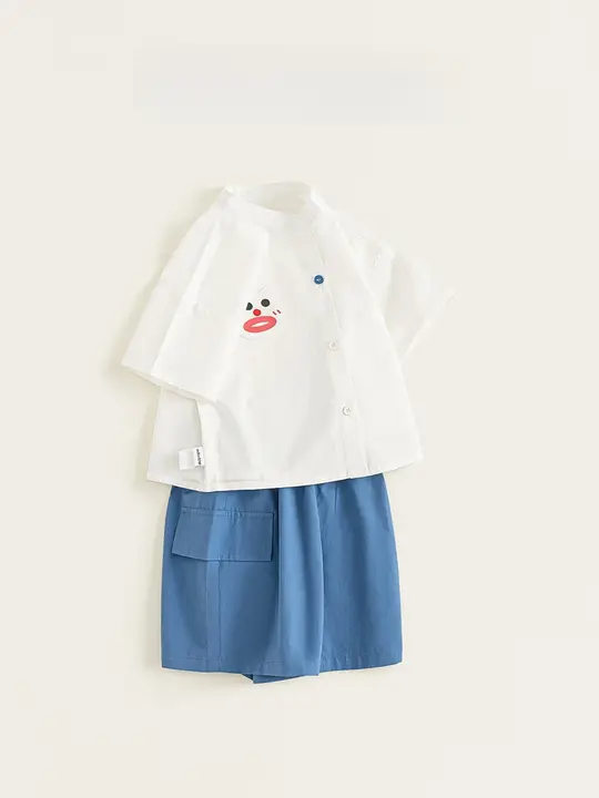 シャツ ショートパンツ 2点セット キッズ ボーイズ コットン スタンドカラー シンプル かわいい 柄 カジュアル 薄手 夏