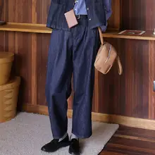 深い青色デニムストレートパンツ【レトロデザイン・ワイドレッグ・フィット】（セットアップ対応）