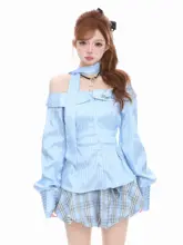 サテンストライプオフショルダー長袖シャツ【女性用・春季・メリハリシルエット】