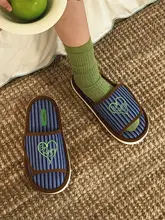 スリッパ レディース コットンリネン 細ストライプ ハート刺繍 ワンストラップ 吸汗 滑り止め 室内用 カジュアル 春夏