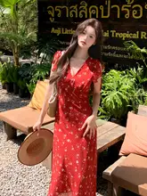 赤いフラワープリントのノースリーブドレス【夏用・小さなフリル付き】（セットアップ対応）