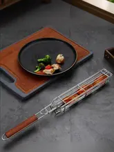 304ステンレス製 アウトドア用木製ハンドルBBQグリルネット【ソーセージ・ホットドッグ・キャンプ用・焼肉用ツール】