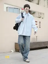 ユニセックス レトロ風長袖シャツ【カジュアル・ホワイト・ゆったりシルエット・秋用】