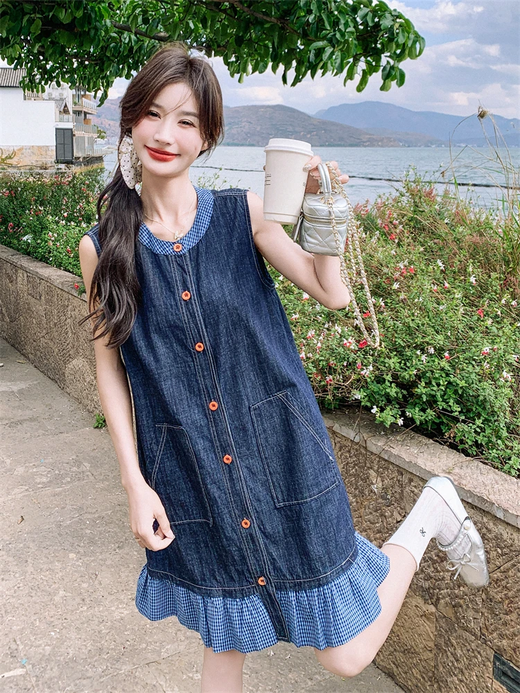160cmの女の子に合う夏用服は、フレンチスタイルのチェックデニムワンピースがベスト？
