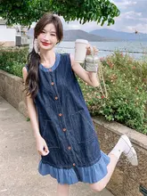 フレンチスタイルのチェック柄ノースリーブデニムワンピース【夏用・女性・小柄対応】（セットアップ対応）