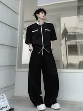 夏用 カラーブロック ダブルジッパー カーディガン【スタンドカラー・半袖・フィット】とワイドパンツ（セットアップ対応）