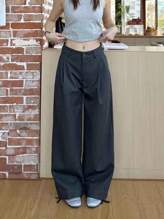 クラシックストライプデザインのウエストリボン入りワイドパンツ【レディース・ロング丈・トレンドスタイル】（セットアップ対応）