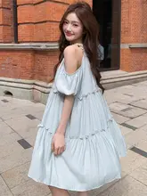 ブルーのボヘミアンオフショルダーワンピース【Aライン・小柄向け・リゾートスタイル】