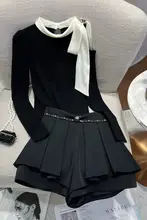 リボンデザインのオフショルダー ニットトップスとAラインスカートパンツ【女性用・極上の柔らかさ】（セットアップ対応）