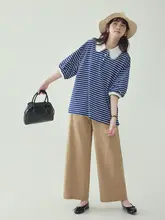 ブルーとホワイトのストライプ柄 フレンチカラー五分袖Tシャツ【女性用・夏向け・ゆったりデザイン】