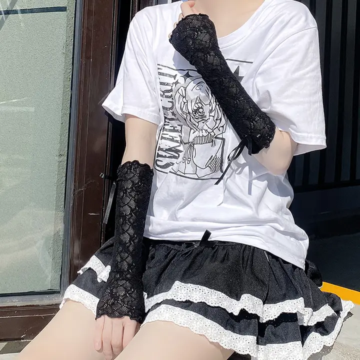 手袖 女性 長款 蝴蝶結 指なし 薄型 黒 レース セクシー