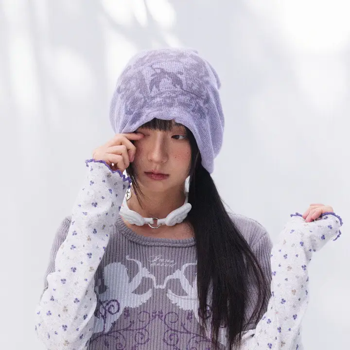 ヴィンテージ風花柄プリントニットキャップ【春夏用・軽量・小顔効果・ストレッチ素材】