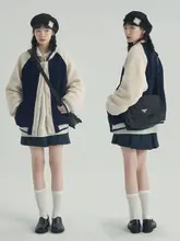 バイカラーのミルクブルーのフェイクシープワッペンスタイルボンバージャケット【極上の柔らかさ・冬用】