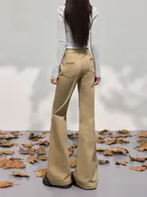 秋季用カジュアルなカキ色マイクラウチジーンズ【女性用・スリムストレート・ドラッグ長さ】