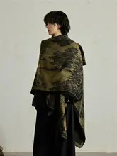 中式水墨画デザインの開叉ケープ【秋冬用・保温性・ダブルフェイスニット】