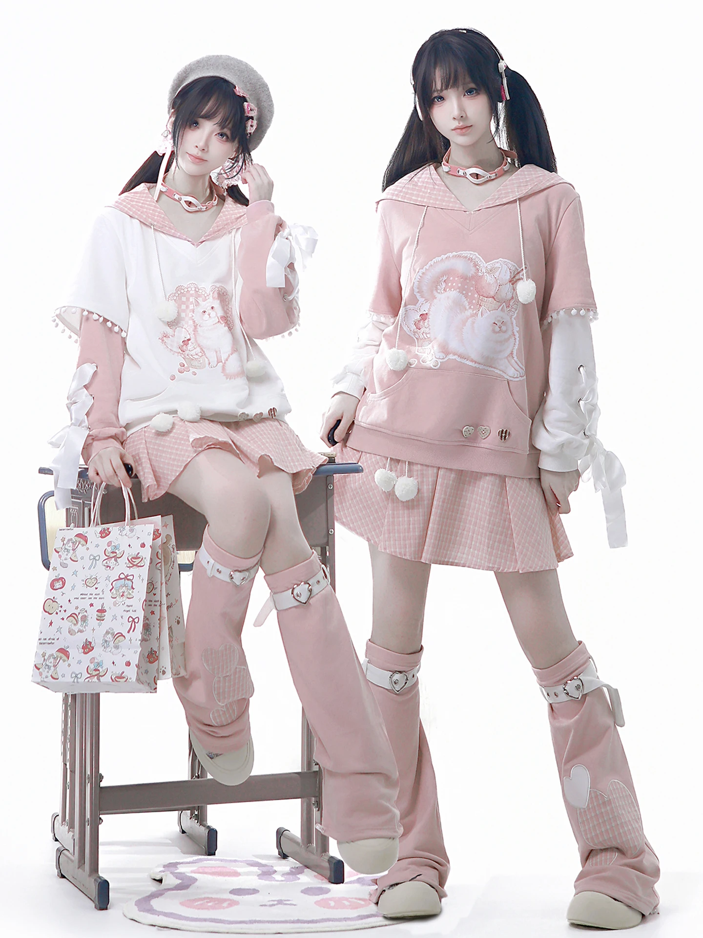 可愛い猫デザインのハート付きリボンセーターとスカート：アクティブキュート似合う服の実用性とスタイル選定ガイド