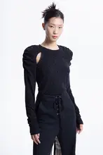 LEDIM WANG シルバー糸透かし編みニットトップス【秋用・フリルデザイン・ブラック・長袖】