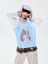 可愛い犬のデザイン Vネック長袖Tシャツ【秋用・フィット・通気性・防紫外線】