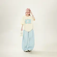 かわいい犬プリントのラウンドネックTシャツ【グレー・短袖・夏用・女性用】