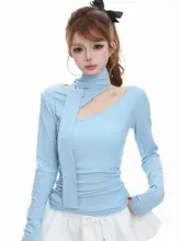 不規則デザインの斜め肩長袖Tシャツ【春季・ウエストシェイプ・女性用】