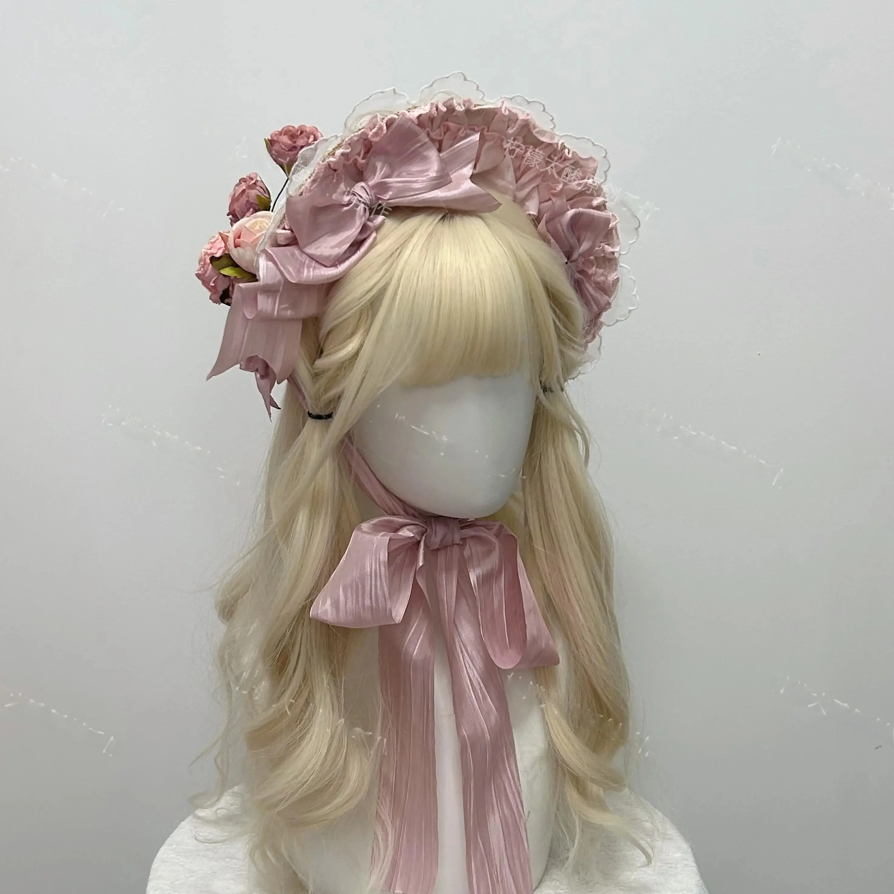 枯れ葉のバラをあしらった手作りロリタ風ボネ【華やかなヘッドアクセサリー】