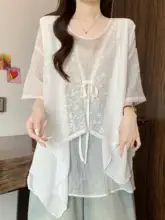 大きいサイズ 夏用 軽やかでエレガントなシフォンベストとトップスの2点セット（セットアップ対応）
