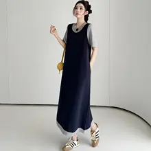 お腹をカバーするデザインの長袖Tシャツ風ロングドレス【マタニティ・フィット・夏用】（セットアップ対応）