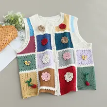 カラフルコットンニットベスト【ラウンドネック・立体花柄・チェックデザイン】