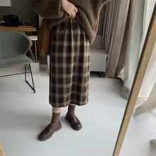 レトロデザインの秋冬用チェック柄ミディ丈スカート【高腰・ウエストゴム】