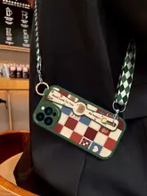 チェック柄クマデザインのiPhone用スマホケース【腕時計型ストラップ・スリングバック付き】