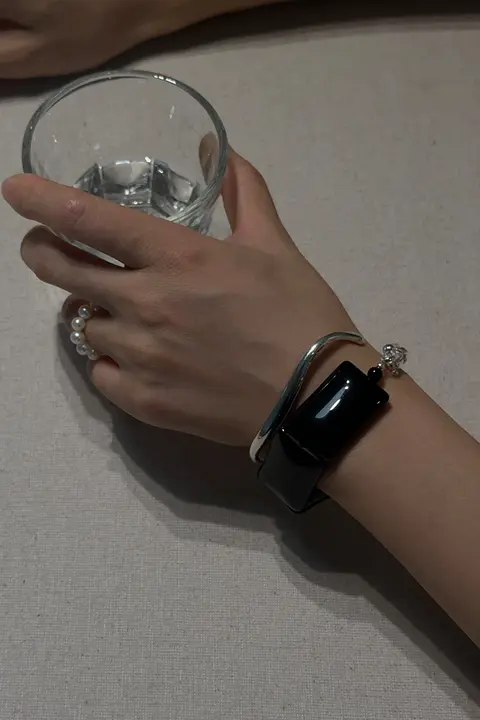 Lightnight クリエイティブ ブラックオニキス 大粒 天然石 シルバーブレスレット