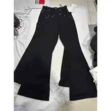 ストリートスタイルのブラックフレアワイドデニムパンツ【ロングリボン・オーバーサイズ・カジュアル】（セットアップ対応）