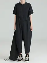 デザイン性のある女性用ショートスリーブオーバーオール【夏用・・ブラック・ワイドレッグ】