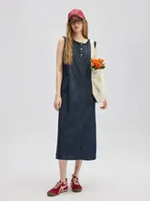 レディース 寛ぎのデザイン ノースリーブデニムワンピース【フリル付き・秋夏用】（セットアップ対応）