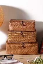 デスク用草編み収納ボックス【フタ付き・化粧品収納・クリエイティブデザイン】