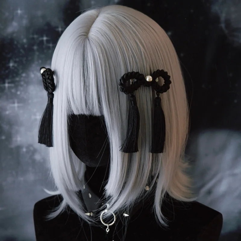 黒髪シュシュの手作り風合いパールタッセルヘアクリップ：ダークブラックでスタイリングのアクセントを創出