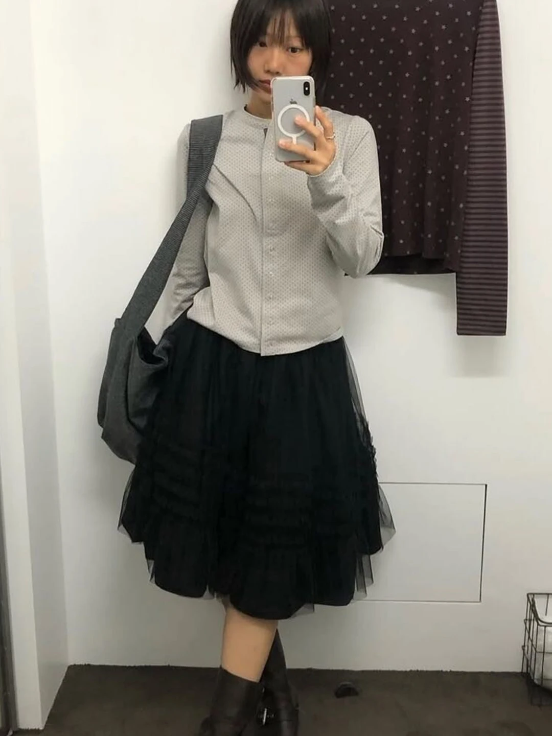 春用レトロ風高腰チェック柄フリル付きネットチュニックスカート【Aライン・ケーキスカート】