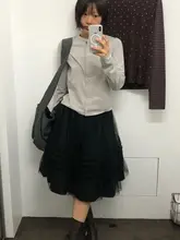 春用レトロ風高腰チェック柄フリル付きネットチュニックスカート【Aライン・ケーキスカート】