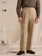クラシックスタイル リネン混紡 男性パンツ【通気性・ブラウン・強撚素材】