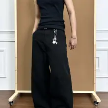 プリーツデザインのブラックワイドデニムパンツ【カジュアル・バギータイプ】（セットアップ対応）