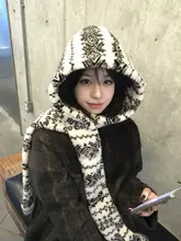 冬用 防寒機能付きニットフード 帽子スカーフ一体型【耳あて付き・羊毛風】