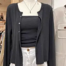 黒色アイスシルクニット日焼け防止カーディガン【薄手・女性用・ショート丈・おしゃれ】（セットアップ対応）