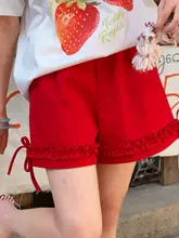高腰パンツ【赤・フリル付き・夏用・女性用】（セットアップ対応）