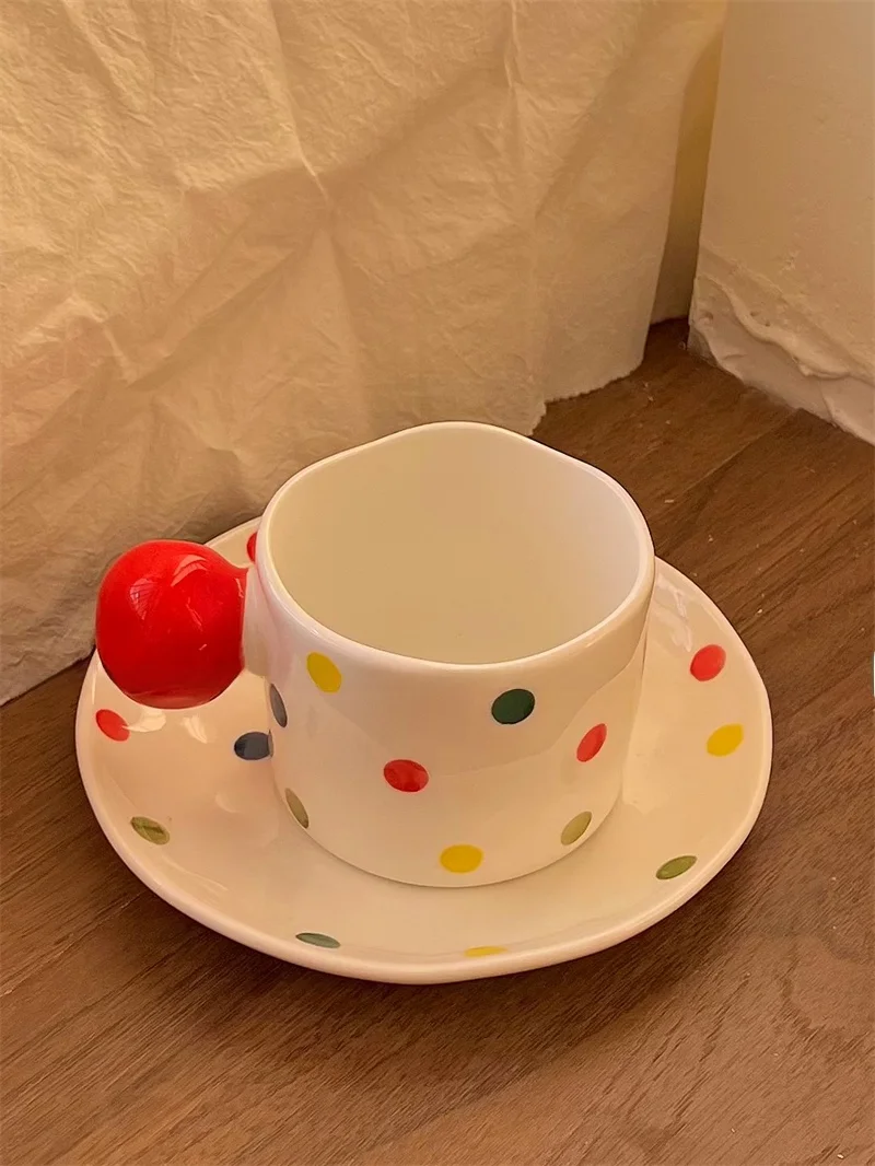 ヴィンテージ風カラフルドット柄陶器カフェカップ＆ソーサー【ラテアート・家庭用・アフタヌーンティー用】