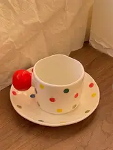 ヴィンテージ風カラフルドット柄陶器カフェカップ＆ソーサー【ラテアート・家庭用・アフタヌーンティー用】
