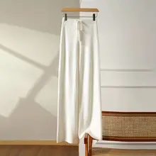 高級感のあるハイウエストニットワイドパンツ【米白・秋冬用・ドレープデザイン】