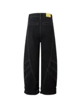 デニムパンツ レディース ワイド ブラック 飾りステッチ カーブドシルエット 落ち感 重ね見え ストリート「BeOurRule」