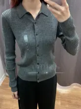 ポロ襟リブ編みニットカーディガン【長袖・無地・女性用】