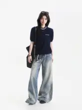 感のあるバイカラー ボーダー ニットTシャツ【レディース・夏用・短袖】